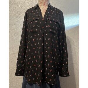 ANN TAYLOR M Blouse Top Black. White Red Purple Art Nouveau Print Pleated. Med
